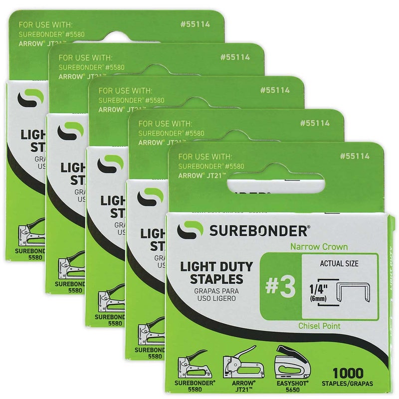 Surebonder 55114#3 Light Duty Narrow Crown Staples - 1/4" Length - 1000/box, 5 Pack - Image 1